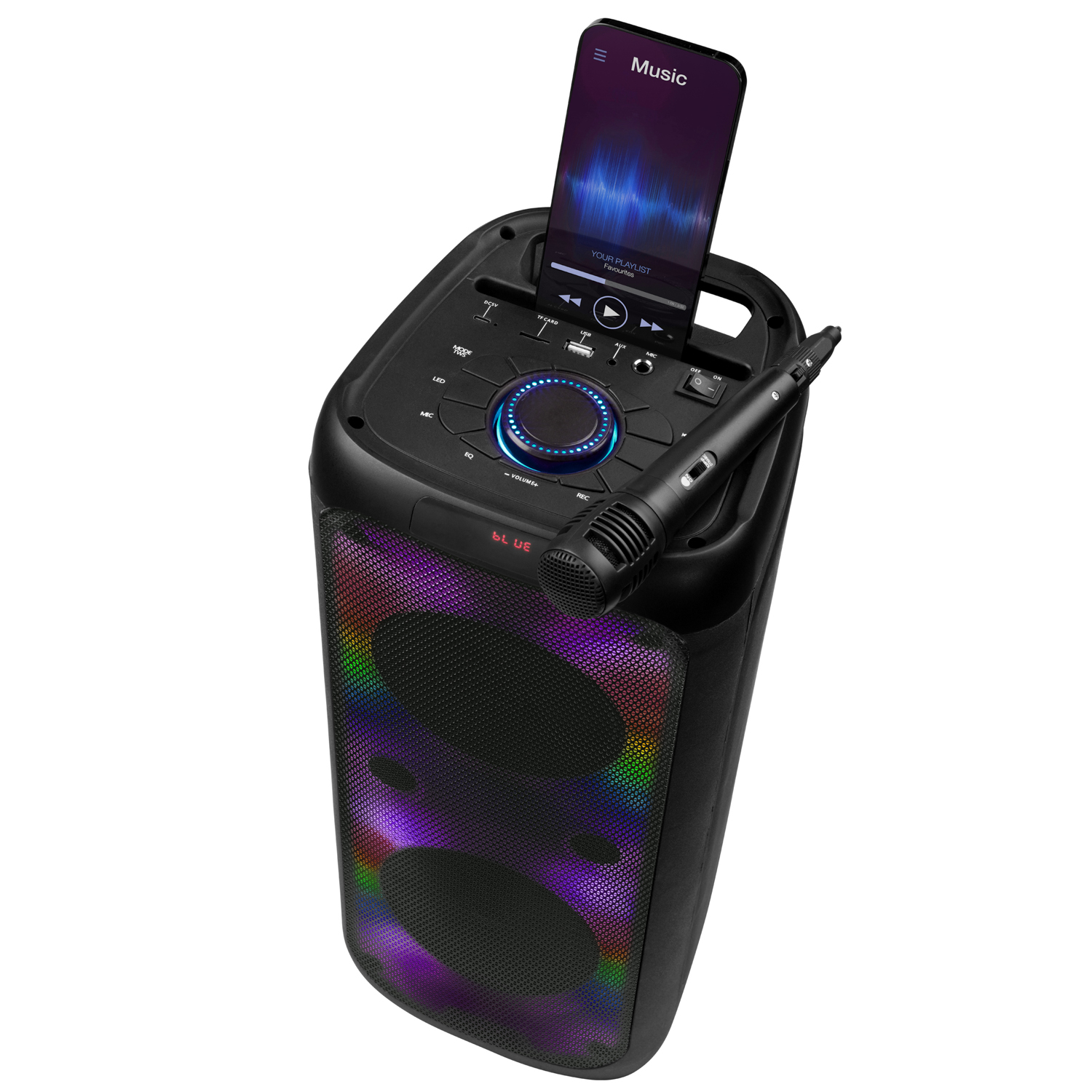 Cassa speaker bluetooth con microfono, luci led e portacellulare